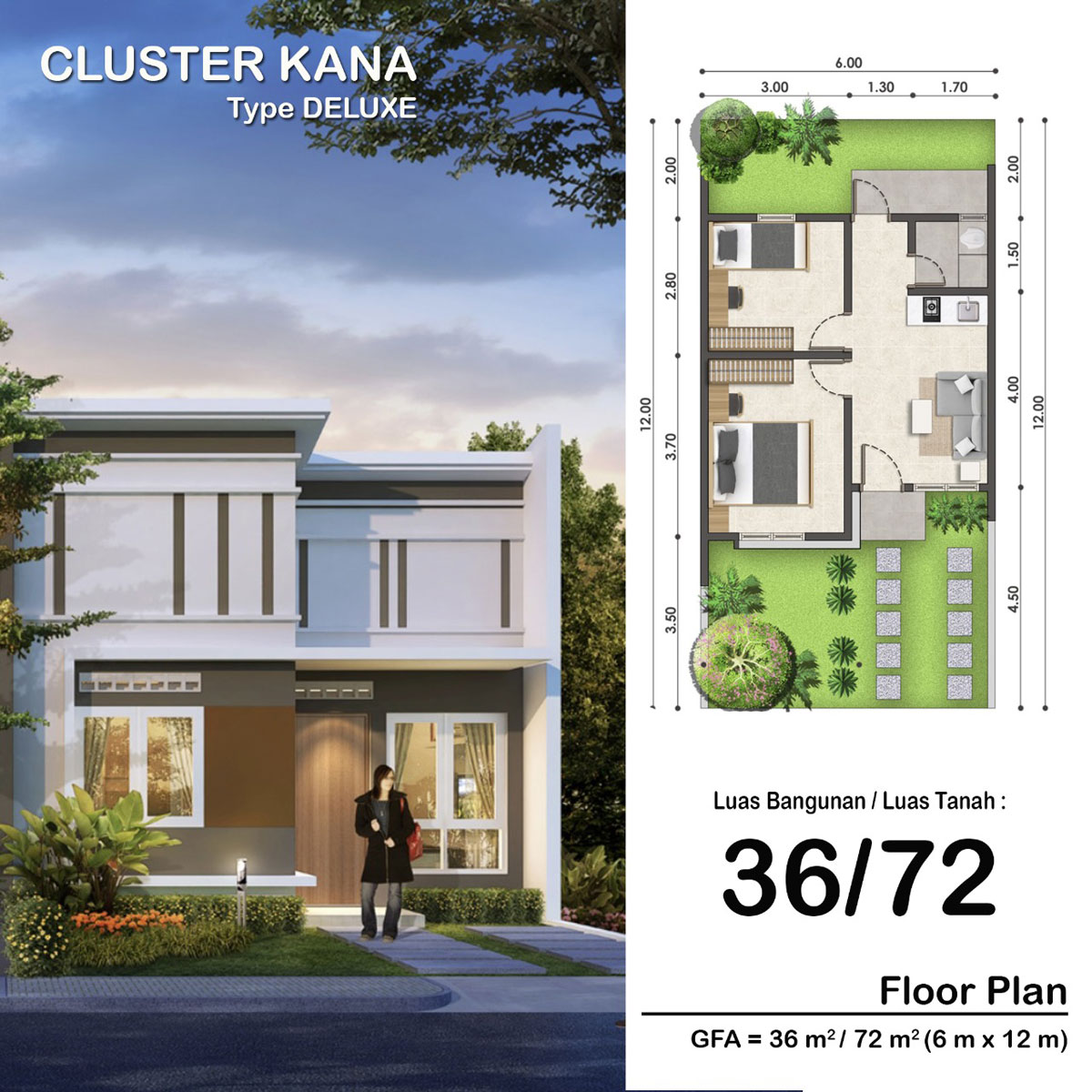 Rumah cluster kana 36 M2, luas tanah 72 M2 (6×12)